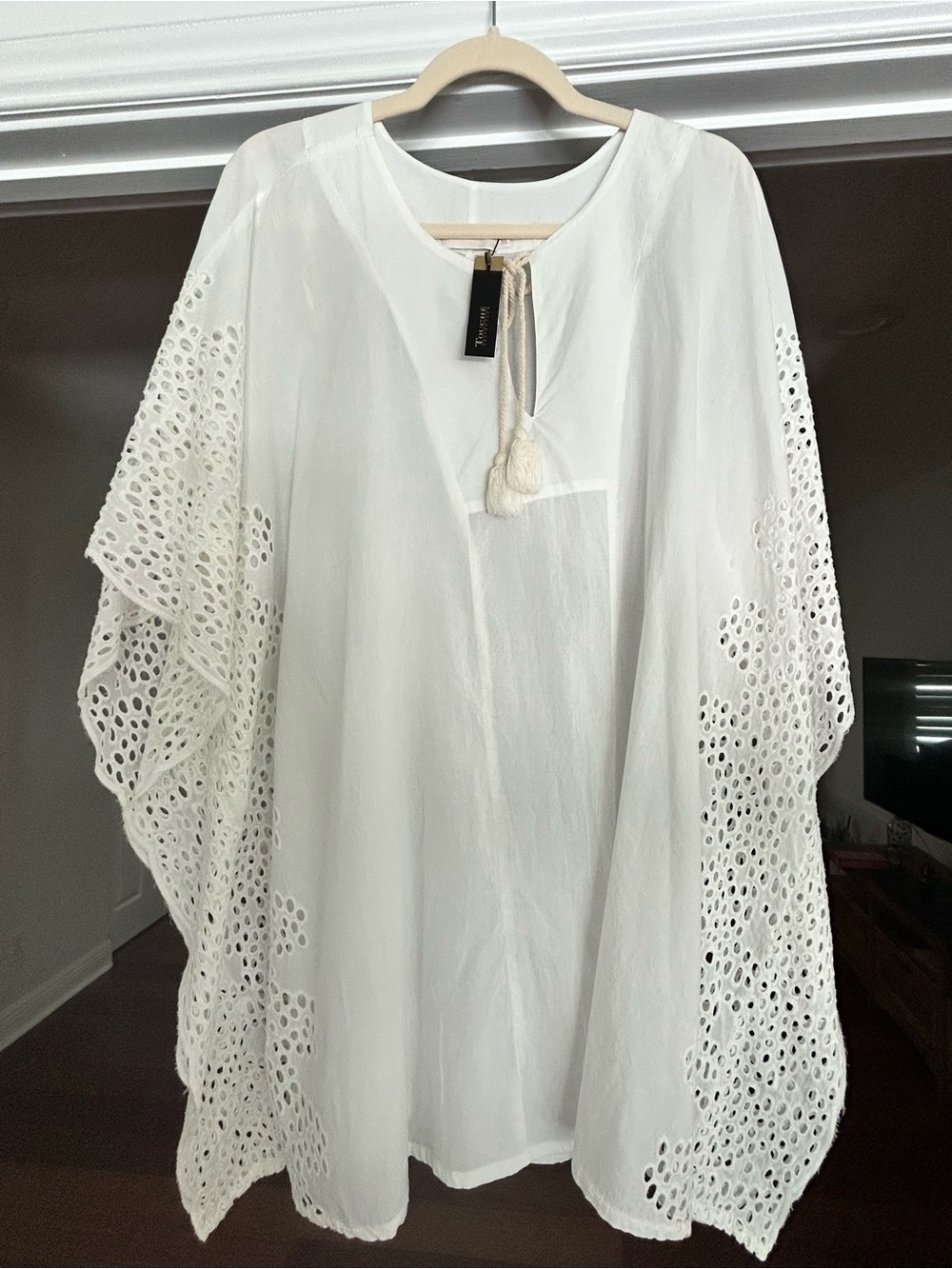 White Eyelet Tassel Tunic Top by Touché